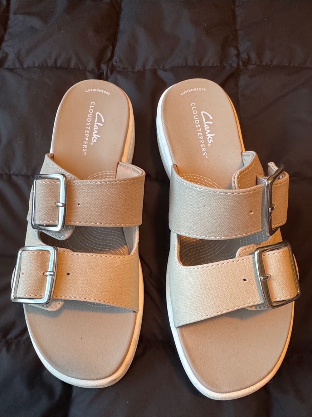 Clarks Tan Double-Buckle Cloudsteppers Slide Sandals